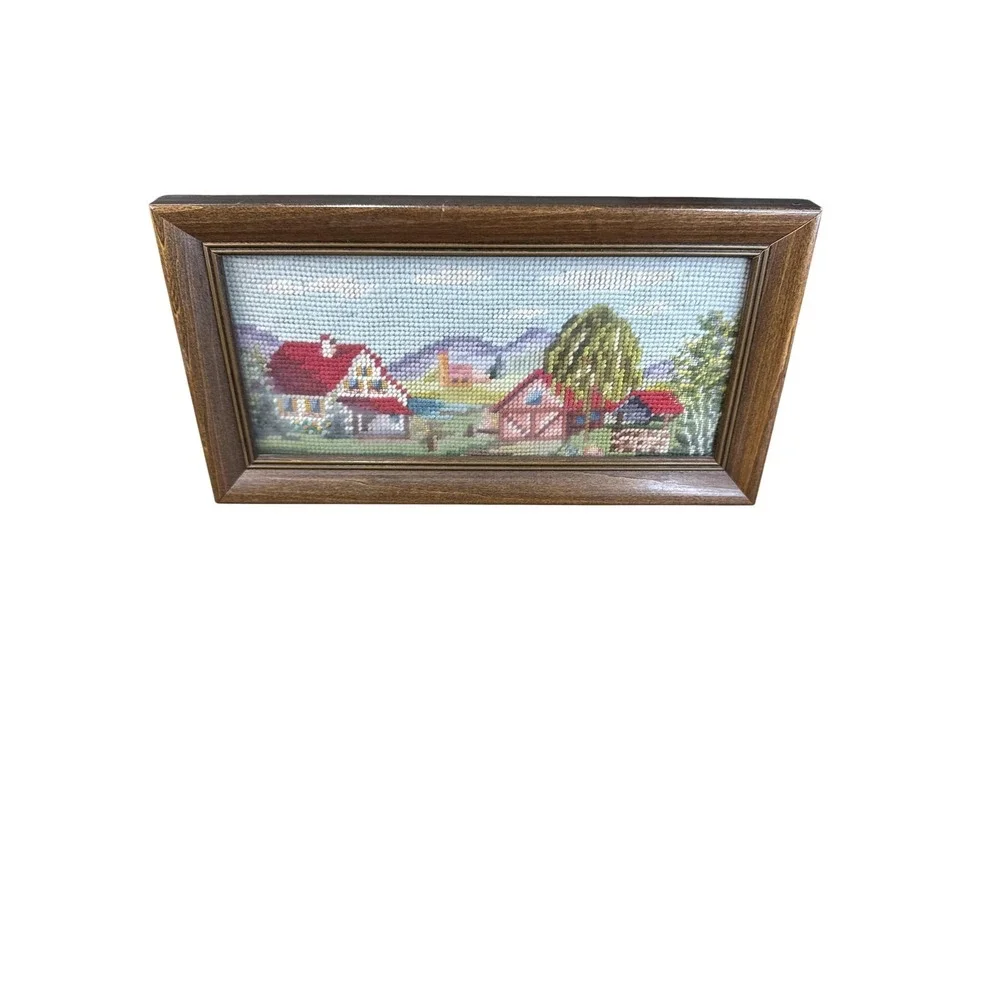 Handmade‎ Framed Red Roof Cottage Village Cross Stitch Tapestry Art Small 5x12